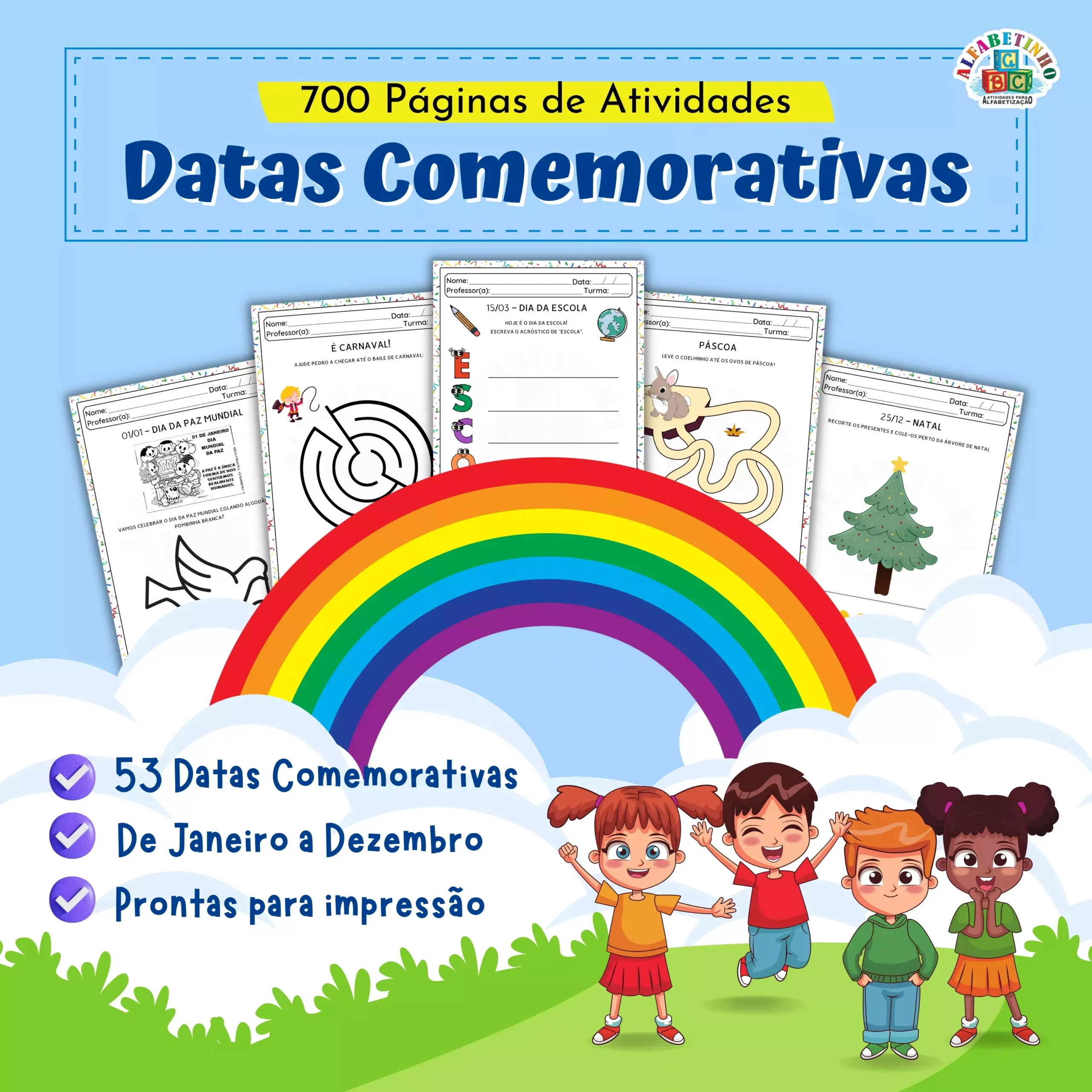 700 páginas de atividades, datas comemorativas, 53 datas comemorativas, de janeiro a dezembro, prontas para impressão 2026