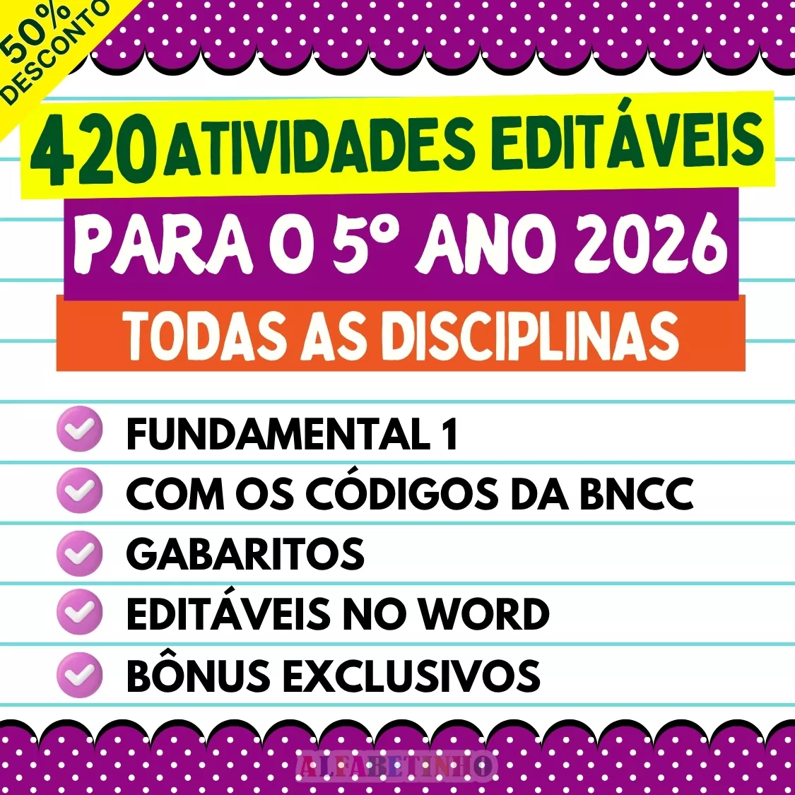 420 atividades editáveis para o 5º ano 2026, todas as disciplinas, fundamental 1, com os códigos da bncc