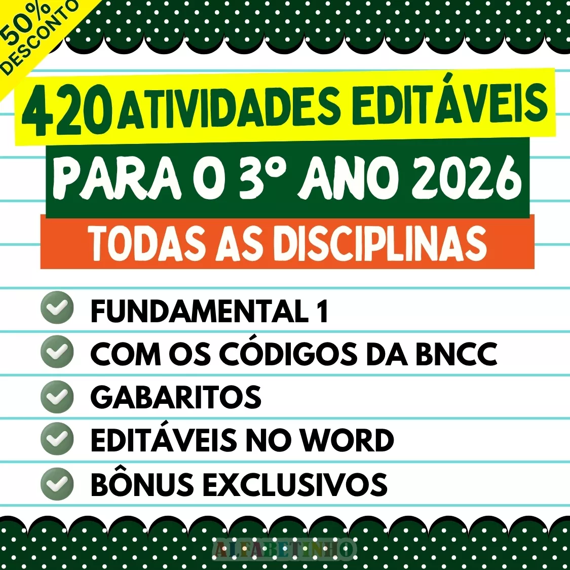420 atividades editáveis para o 3º ano 2026, todas as disciplinas, fundamental 1, com os códigos da bncc
