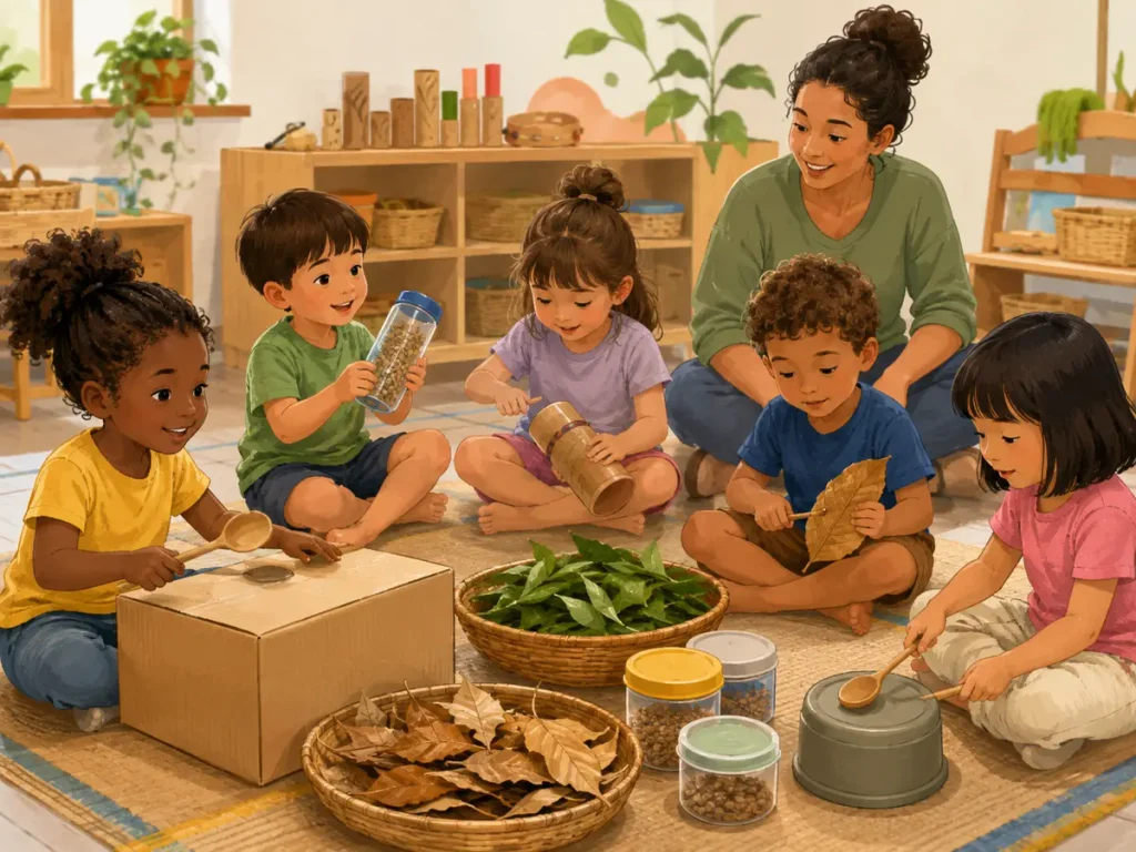Crianças pequenas explorando sons com elementos naturais e objetos seguros em uma atividade educativa