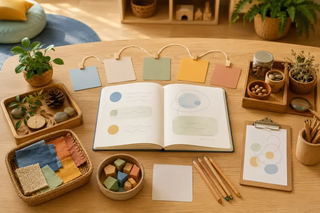 Mesa com caderno de planejamento, cartões de materiais e objetos pedagógicos simples
