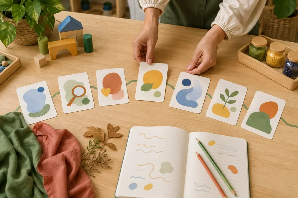 Mesa organizada com cartões de planejamento, materiais naturais, blocos e instrumentos sonoros infantis