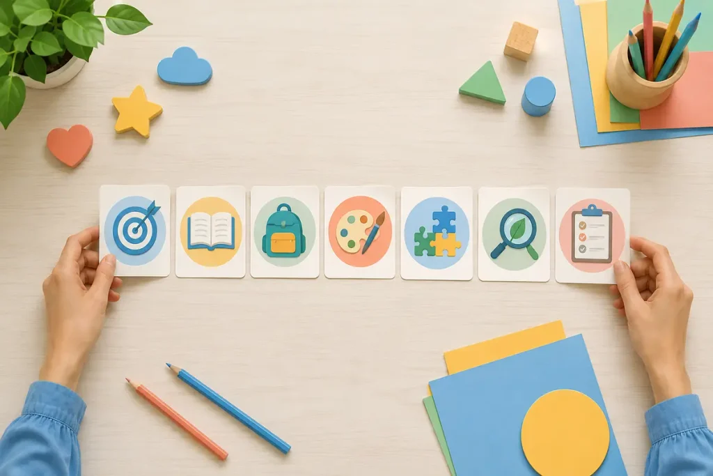Mãos de professora organizando cartões visuais que representam etapas de um plano de aula infantil