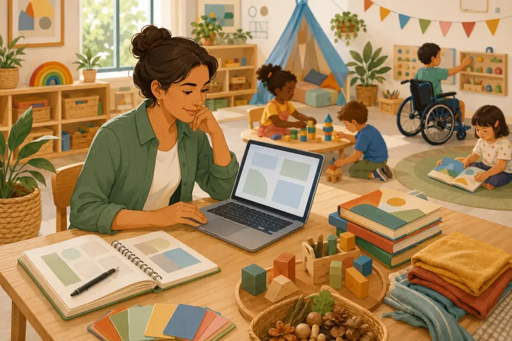 Ilustração de recursos editáveis de planejamento ao lado de materiais lúdicos da Educação Infantil