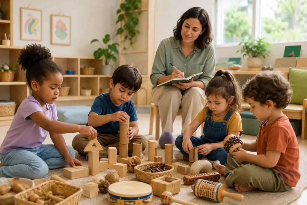 Professora observando uma experiência infantil e registrando o desenvolvimento da turma