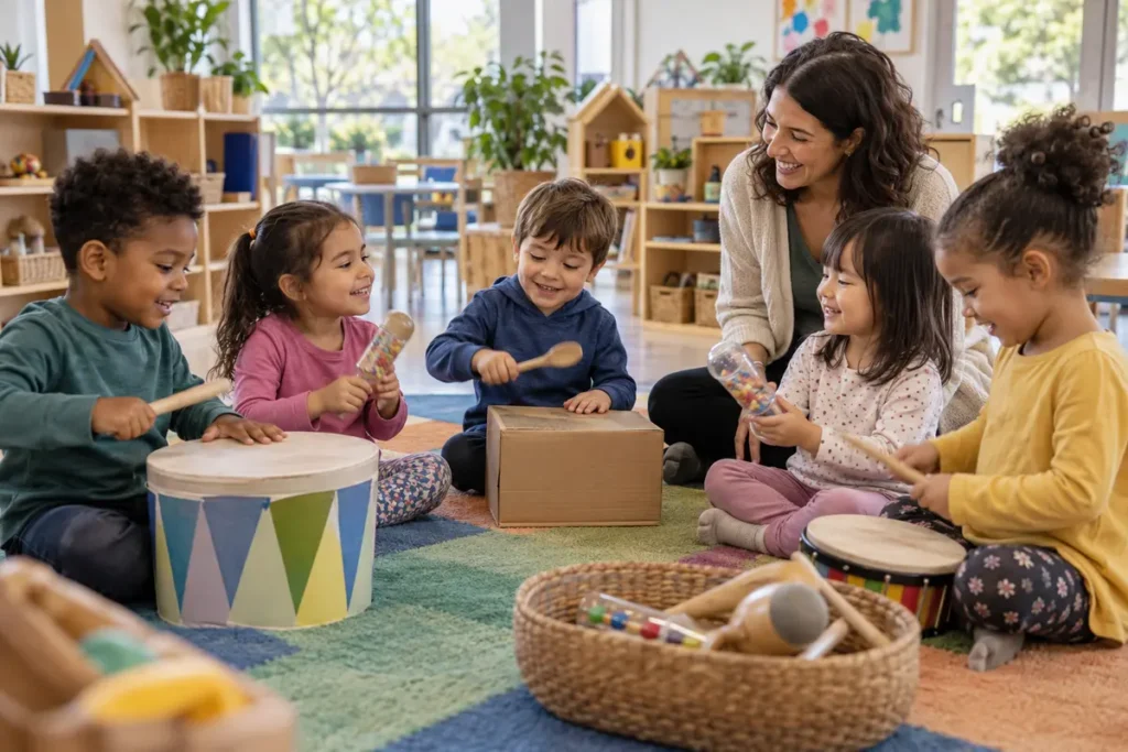 Plano de Aula para a Educação Infantil: passo a passo e modelo 3 Crianças explorando objetos sonoros em atividade da Educação Infantil