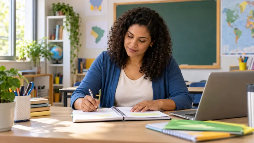 Como fazer um plano de aula passo a passo e com modelo 5 Professora elaborando um plano de aula com objetivos, atividades e avaliação Título: Como fazer um plano de aula
