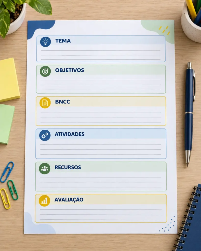 Como fazer um plano de aula passo a passo e com modelo 4 Modelo de plano de aula com campos para tema, objetivos, BNCC, atividades, recursos e avaliação