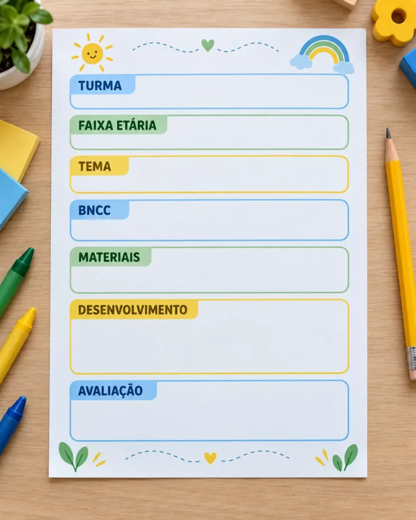 Plano de Aula para a Educação Infantil: passo a passo e modelo 2 Modelo de Plano de Aula para a Educação Infantil com campos para preencher