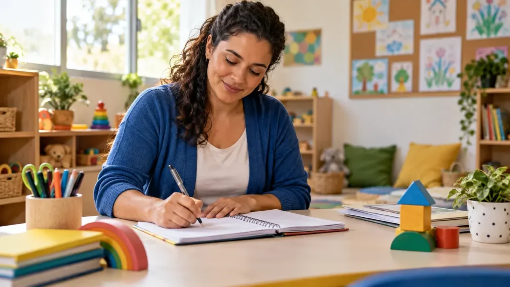 Plano de Aula para a Educação Infantil: passo a passo e modelo 4 Professora preparando um plano de aula para a Educação Infantil