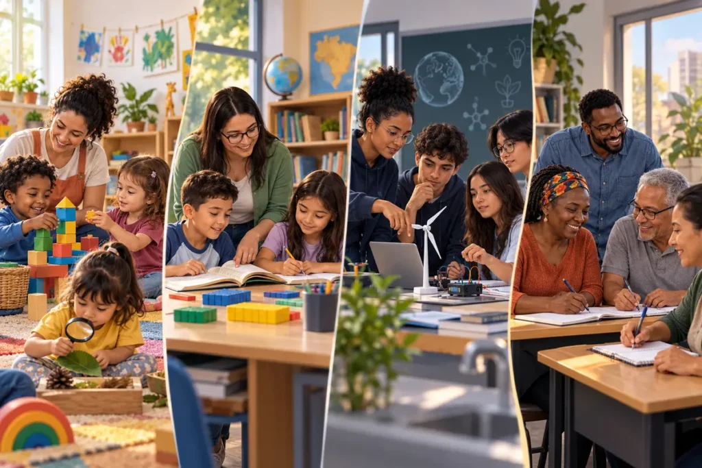 Como fazer um plano de aula passo a passo e com modelo 3 Professores e estudantes em diferentes etapas da Educação Básica e na EJA